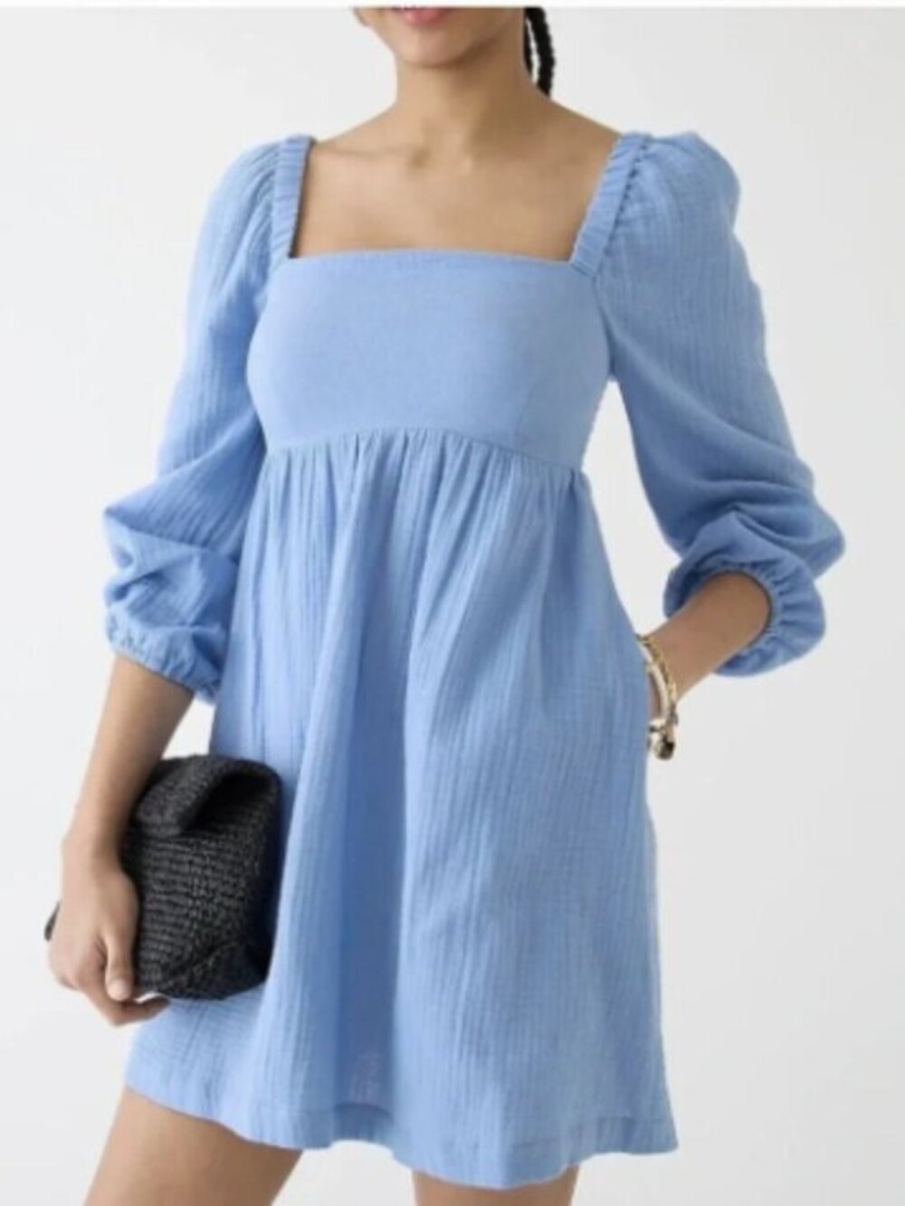 J. Crew Pale Blue Square-Neck Mini Dress with Puff Sleeves Size M